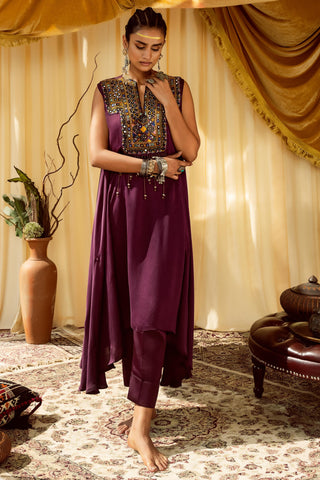 Dark wine asymmetrical kurta pararambh with pants