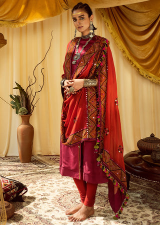 Pink A-line suit with pararambh embroidered dupatta