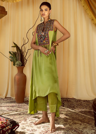 Green asymmetrical pararambh kurta with pants