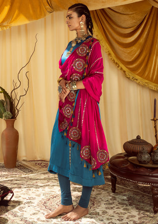 Blue a line suit pararambh with churidar & pink dupatta