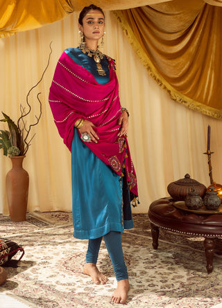 Blue a line suit pararambh with churidar & pink dupatta