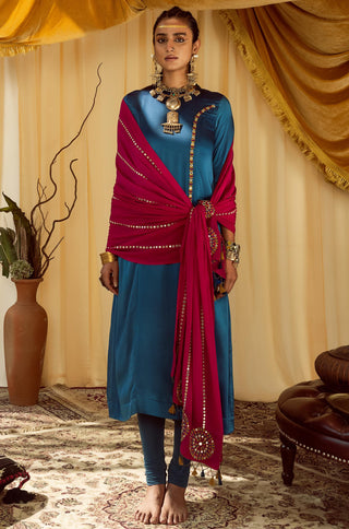 Blue a line suit pararambh with churidar & pink dupatta