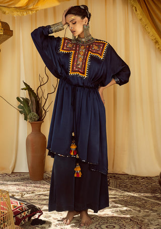 Navy blue kaftan set pararambh with embroidered neck