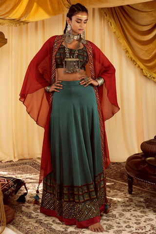 Teal Mirror work lehenga set pararambh with rust cape