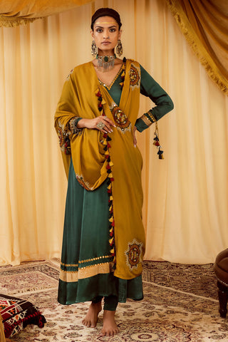 Teal green Anarkali suit with pararambh churidaar