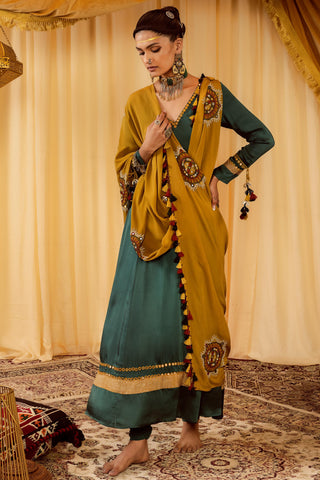 Teal green Anarkali suit with pararambh churidaar