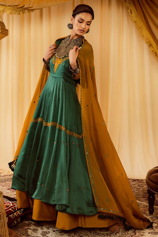 Teal green anarkali suit pararambh with churidaar