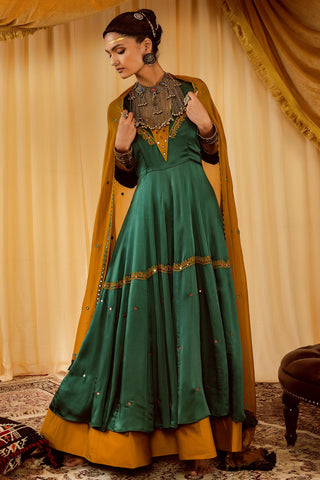 Teal green anarkali suit pararambh with churidaar