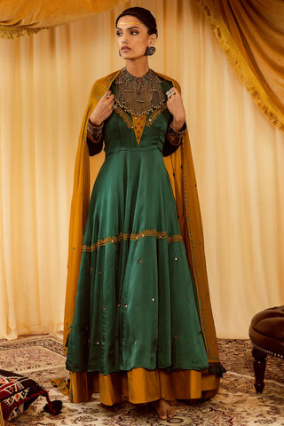 Teal green anarkali suit pararambh with churidaar