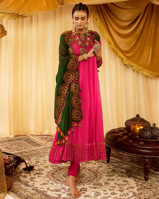 Pink anarkali suit pararambh with hand embroidery dupatta