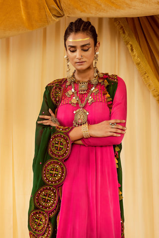 Pink anarkali suit pararambh with hand embroidery dupatta