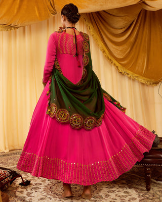 Pink anarkali suit pararambh with hand embroidery dupatta