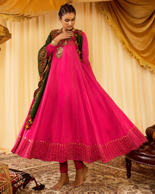 Pink anarkali suit pararambh with hand embroidery dupatta