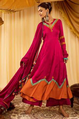 Pink anarkali set pararambh with contrast patchwork & mirror work