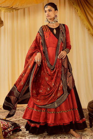 Red layered anarkali suit pararambh with churidaar