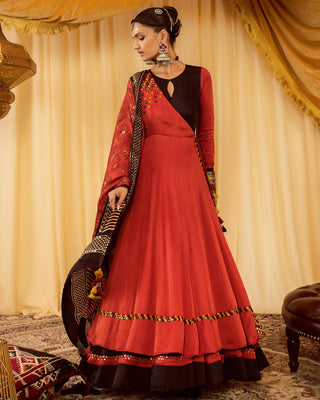 Red layered anarkali suit pararambh with churidaar