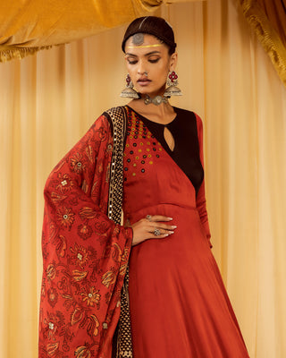 Red layered anarkali suit pararambh with churidaar