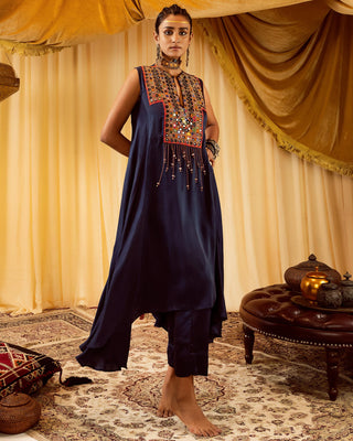 Dark blue asymmetrical pararambh kurta with pants