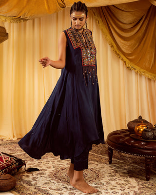 Dark blue asymmetrical pararambh kurta with pants