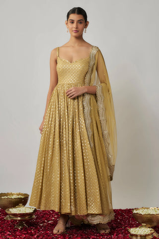 Champagne gold sequin embroidered georgette anarkali suit set