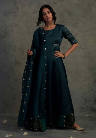 Teal blue chanderi anarkali and dupatta