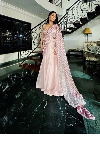 Pink drape lehenga saree set