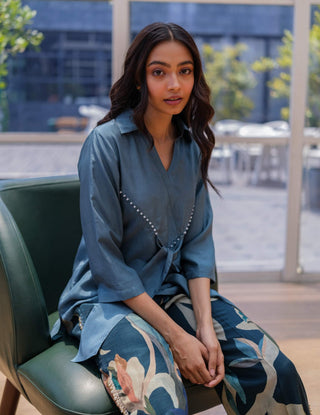 Cobalt blue silk top with pant