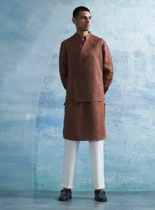 Woody brown straight kurta and jacket set