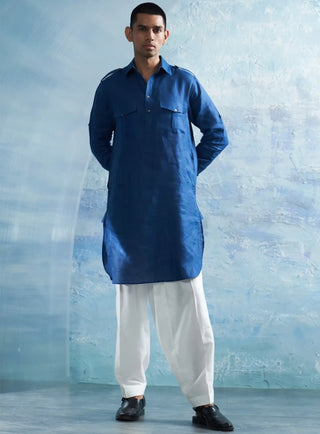 Royal blue linen pathani with white salwar