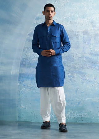 Royal blue linen pathani with white salwar