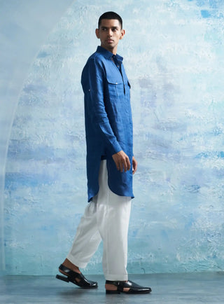 Royal blue linen pathani with white salwar