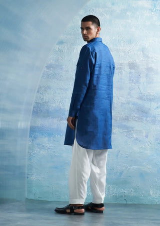 Royal blue linen pathani with white salwar