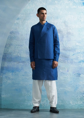 Royal blue straight kurta and jacket set