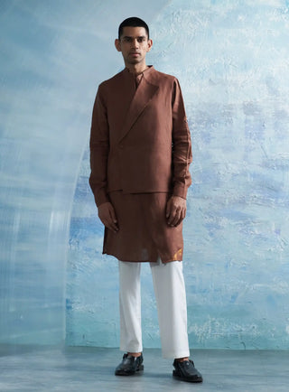 Woody brown placket kurta and jacket set