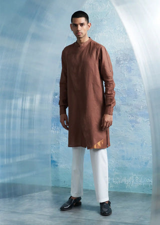 Woody brown placket kurta and jacket set