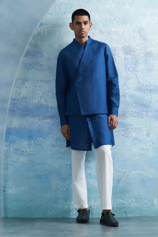 Royal blue placket kurta and jacket set