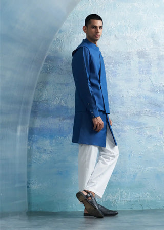 Royal blue placket kurta and jacket set