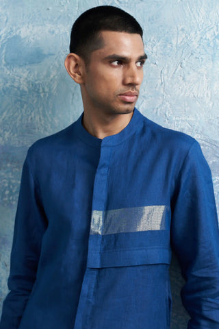 Royal blue placket kurta and jacket set