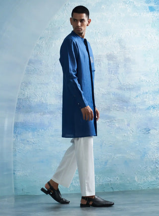 Royal blue placket kurta and jacket set