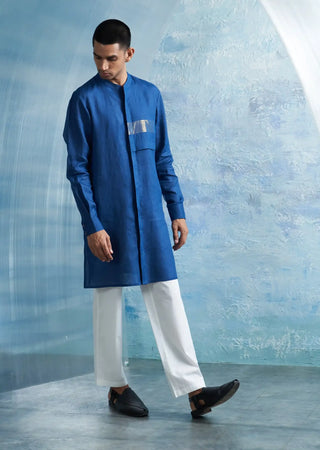 Royal blue placket kurta and jacket set