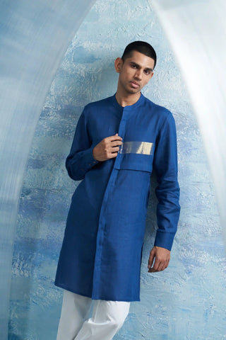 Royal blue placket kurta and jacket set