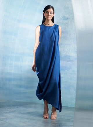 Aura royal blue linen drape dress