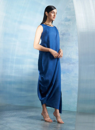 Aura royal blue linen drape dress