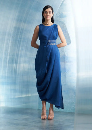 Aura royal blue linen drape dress