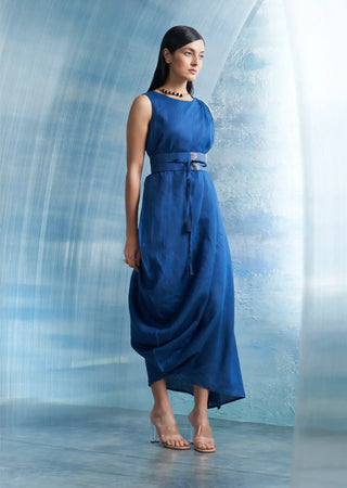 Aura royal blue linen drape dress