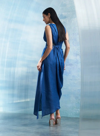 Aura royal blue linen drape dress