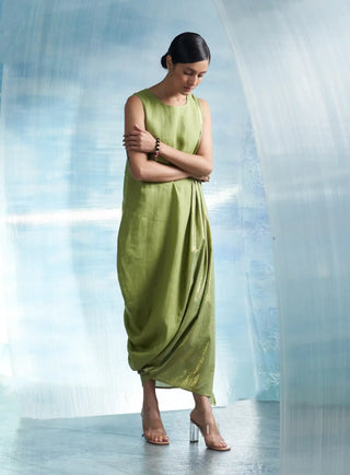 Aura sheen green linen drape dress