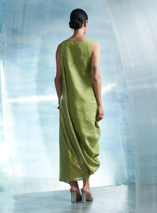 Aura sheen green linen drape dress