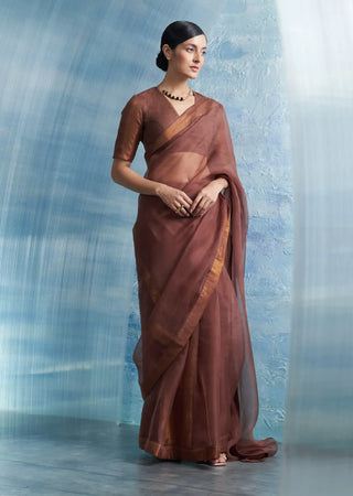 Aura woody brown saree with-sleeve blouse