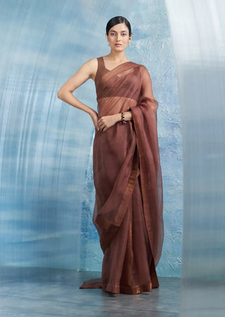 Aura woody brown saree with sleeveless blouse